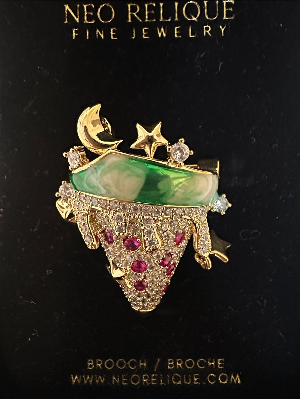Neo Relique Brooch Green & Red Gemstone Brooch. Stars, moon, heart. Celestial